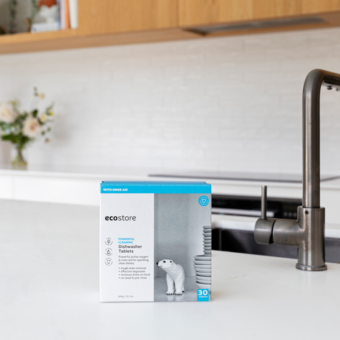 box of ecostore dishwasher tablets on kitchen bench near sink