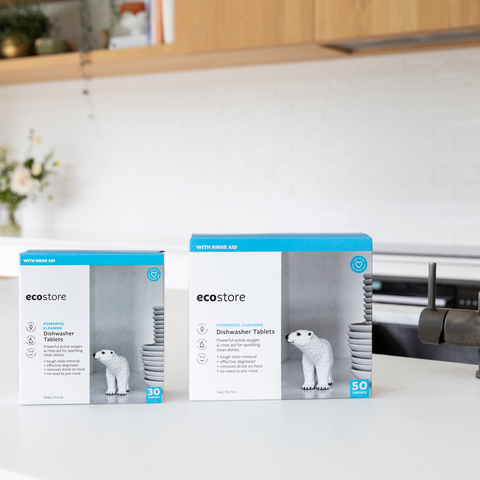 box of ecostore dishwasher tablets on kitchen bench near sink