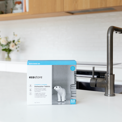 box of ecostore dishwasher tablets on kitchen bench near sink