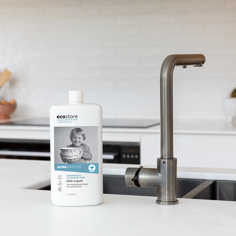 bottle of ecostore ultra sensitive dishwash liquid on sink