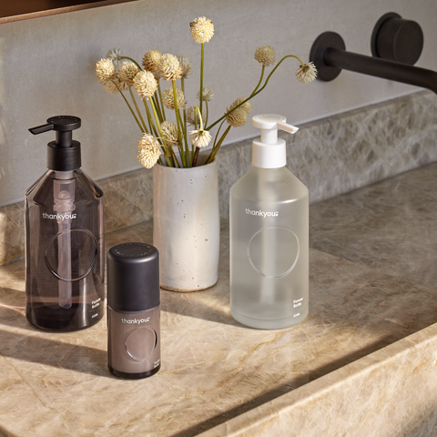 Thankyou Forever Glass Bottles on bench top