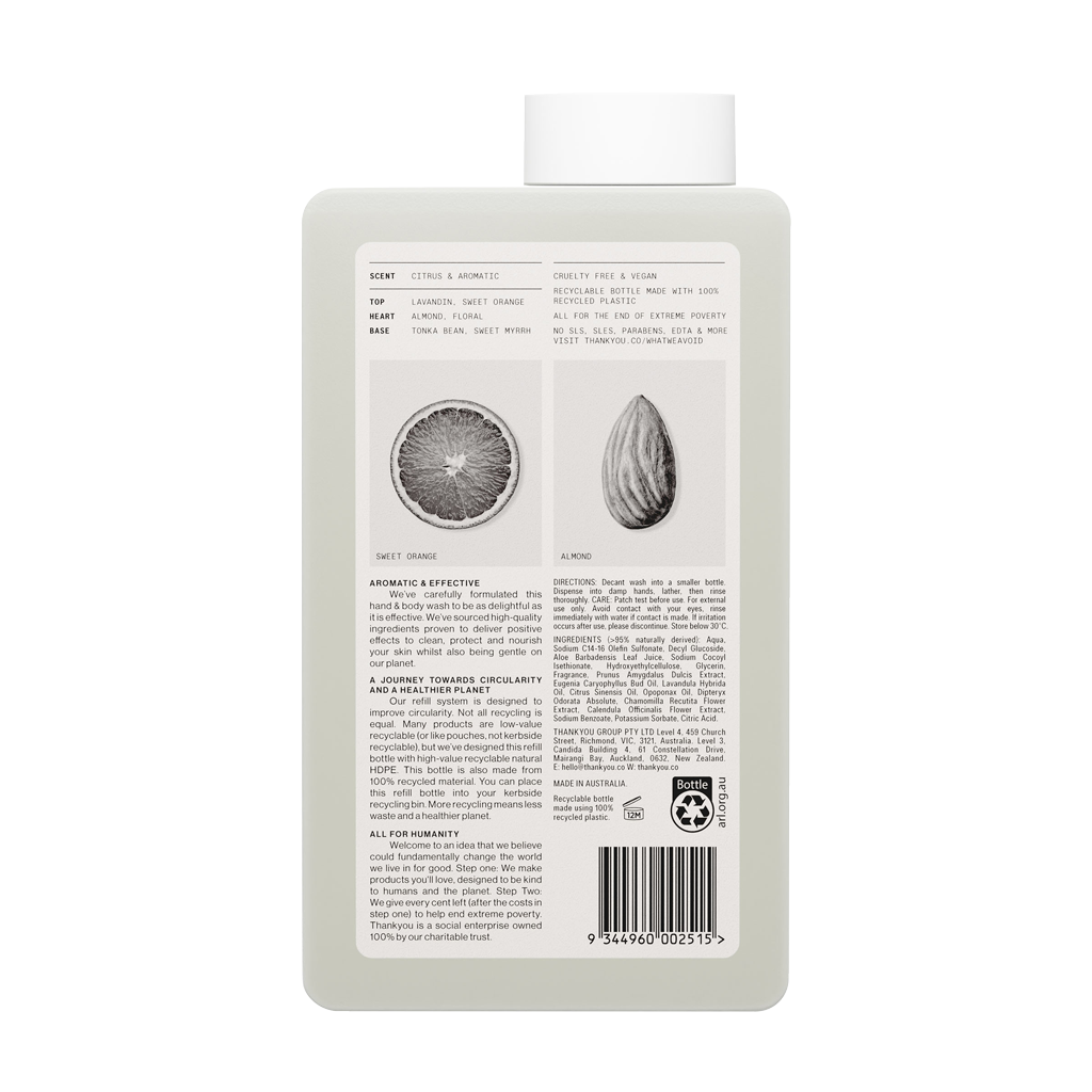 Thankyou Hand & Body Wash Refill 1L x 3 Botanical Sweet Orange & Alm Kind Regards