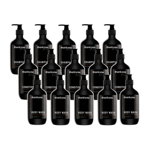 Thankyou Amenities 500ml Mixed Bundle of 15, includes 3 bottles shampoo, 3 bottles conditioner and 3 bottles body wash