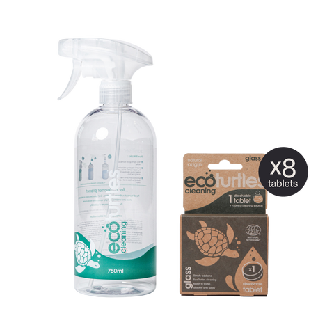 Eco Turtles reusable 750ml spray bottle and glass cleaner tablets x8