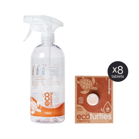 Eco Turtles reusable 750ml spray bottle and kitchen degreaser tablets x8
