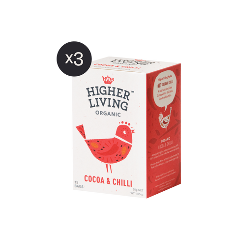 box of 15 Higher Living Cocoa Chilli tea bags x3