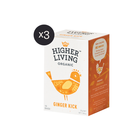 box of 15 Higher Living ginger kick tea bags x3