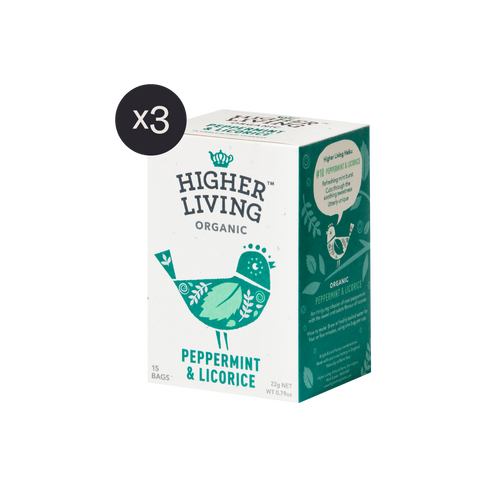 box of 15 Higher Living peppermint and licorice organic tea bags x3