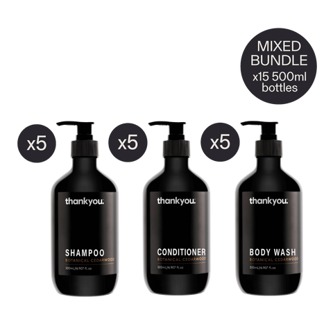Thankyou Amenities Mixed Bundle 500ml x15 Shampoo x5, Conditioner x5, Body Wash x5
