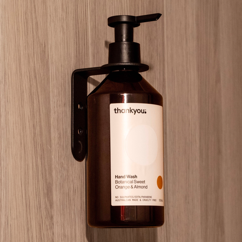 Designstuff floating single dispenser soap holder with thankyou botanical orange and sweet almond hand wash