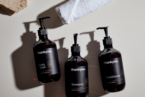 Thankyou Amenities bottles of body wash, shampoo and conditioner