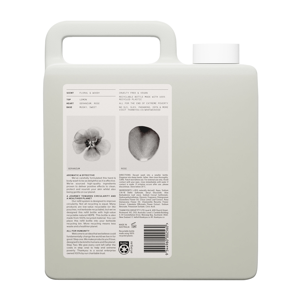 Thankyou Hand & Body Wash Refill 3L x 2 Botanical Geranium, Rose & W
