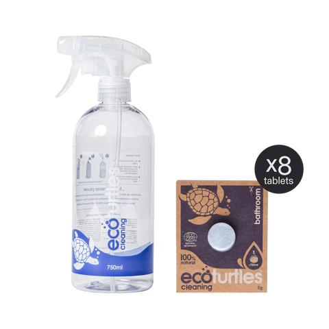 Eco Turtles reusable 750ml spray bottle and bathroom cleaner tablets x8