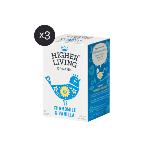 box of 15 Higher Living Chamomile Vanilla tea bags x3