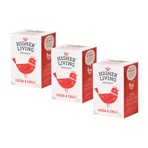 3 boxes Higher Living Cocoa Chilli tea bags