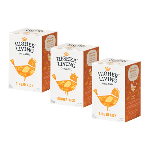 3 boxes Higher Living Ginger Kick organic tea bags