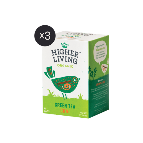 box of 15 Higher Living Green Tea Chai tea bags x3