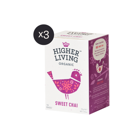 box of 15 Higher Living organic sweet chai tea bags x3