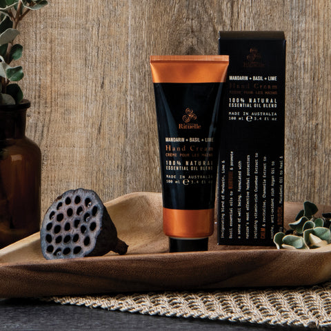 Urban Rituelle hand cream and box on wooden tray